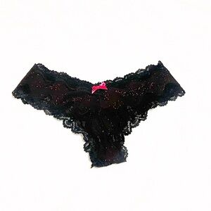 NEW Victoria’s Secret Cheeky Black Pink Bow Sparkly Lace Trim Panty Small RARE